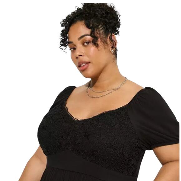 TORRID Dress Womens Size 2X Mini Rayon Slub Balloon Sleeve Lace Inset Deep Black - Picture 9 of 12